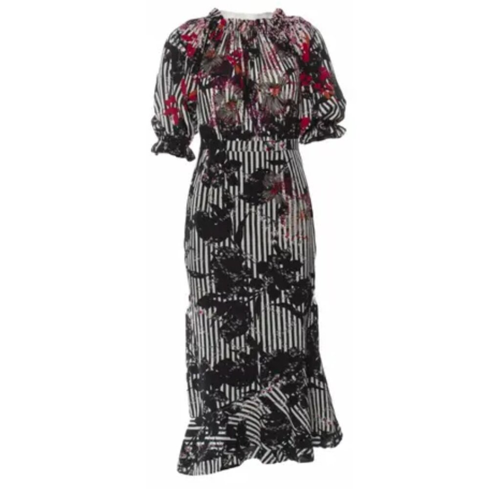 Saloni Grace Print Silk Off The Shoulder Dress Size 6